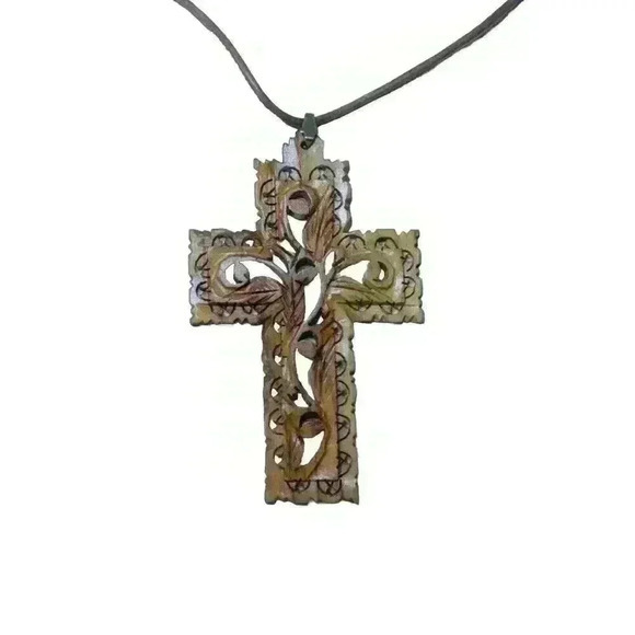 Beautiful Vintage Olive Wood Cross Pendant Hand Made Holy Land With 24” Necklace - Picture 3 of 6